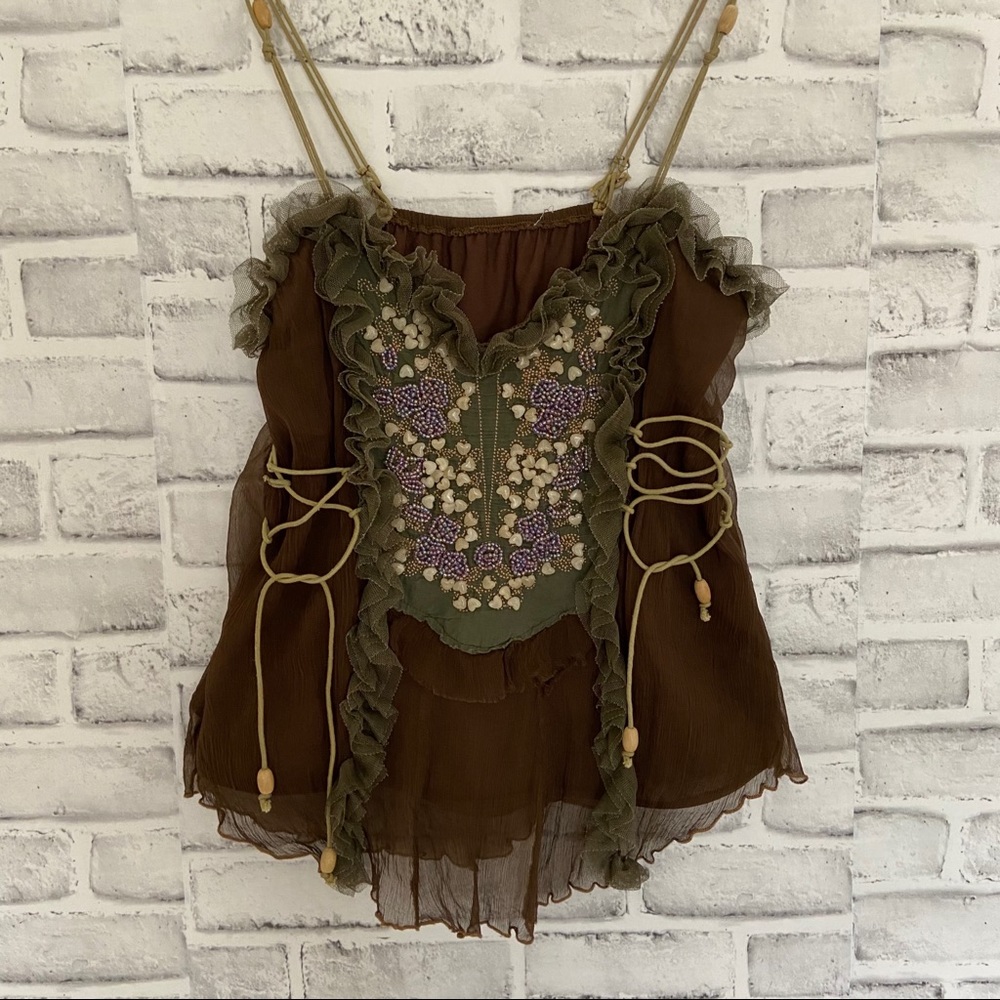 Boho hand crafted brown top size Small - Picture 14 of 15
